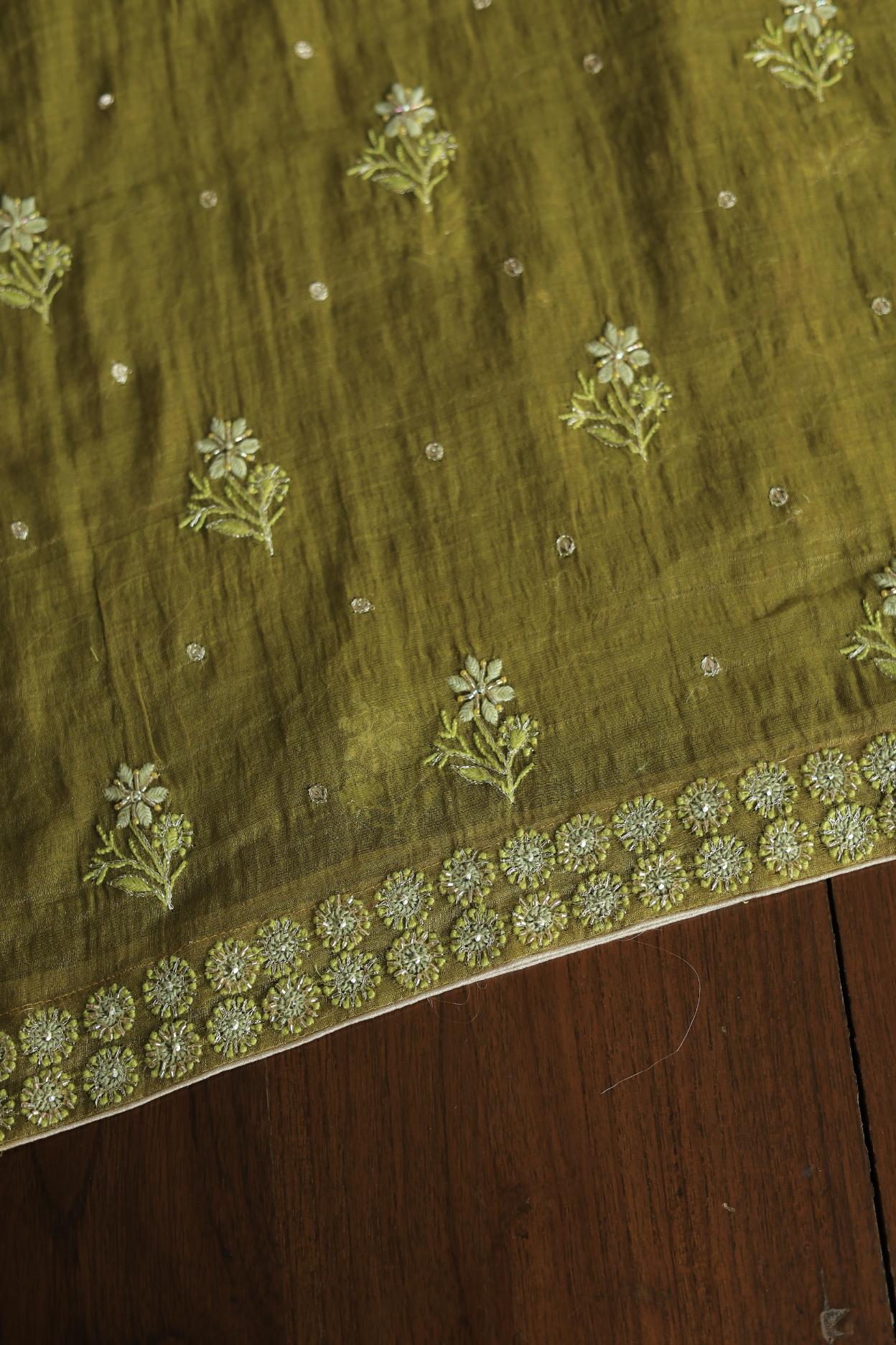Mehndi Green Tissue Silk Chikankari Unstitched Fabric