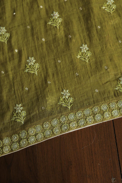Mehndi Green Tissue Silk Chikankari Unstitched Fabric