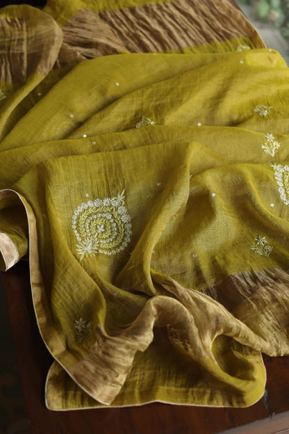 Mehndi Green Tissue Silk Chikankari Unstitched Fabric
