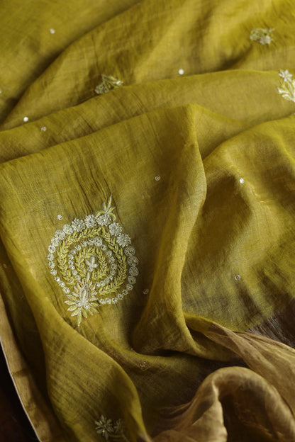 Mehndi Green Tissue Silk Chikankari Unstitched Fabric