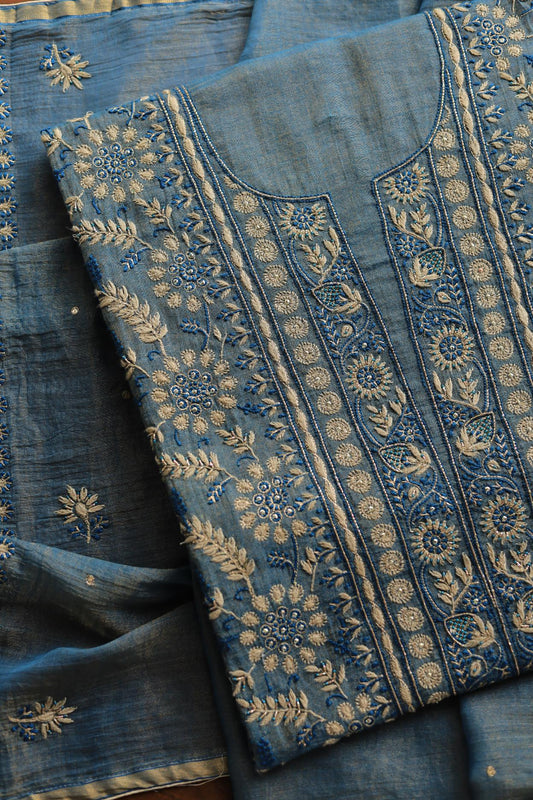 Blue Tissue Silk Chikankari Unstitched Fabric
