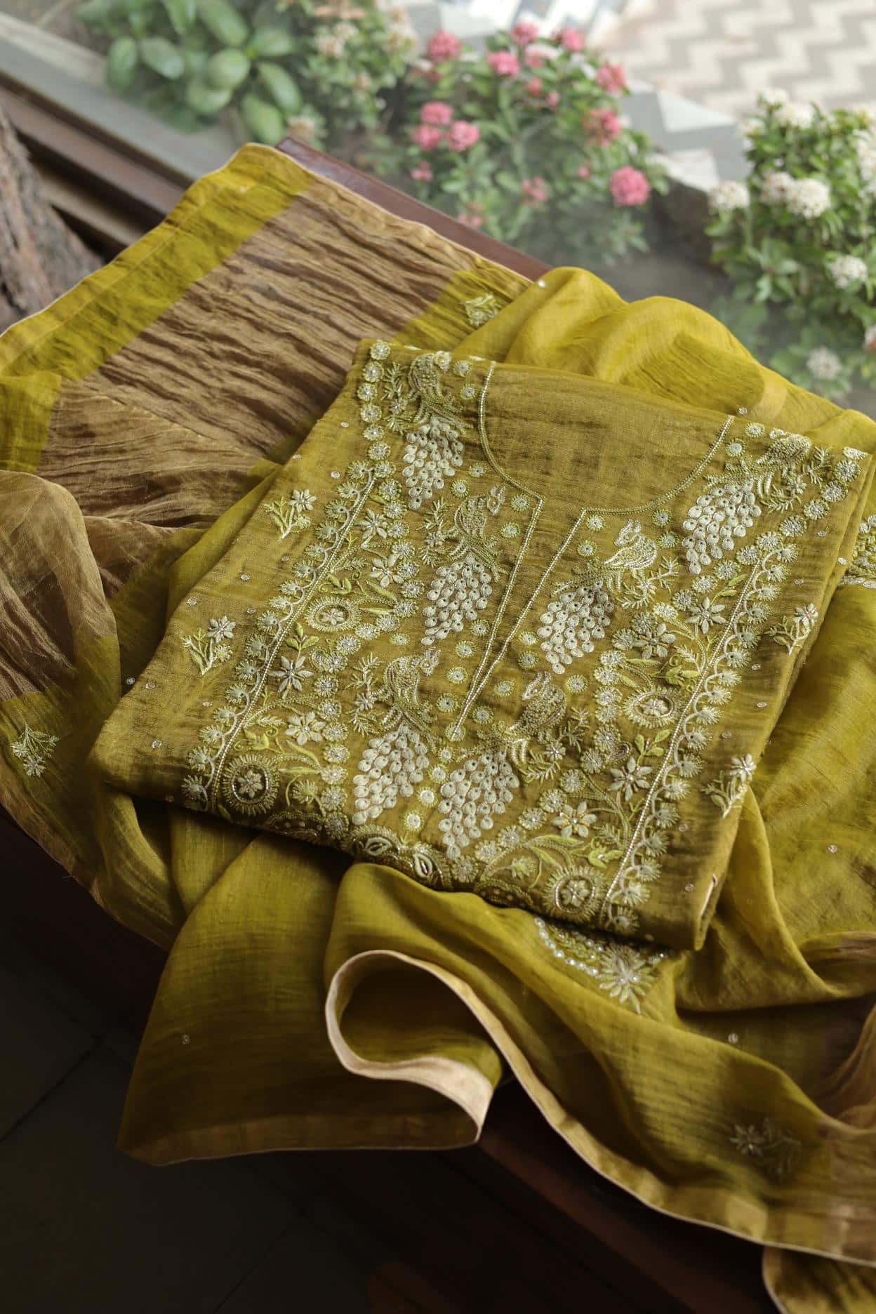Mehndi Green Tissue Silk Chikankari Unstitched Fabric