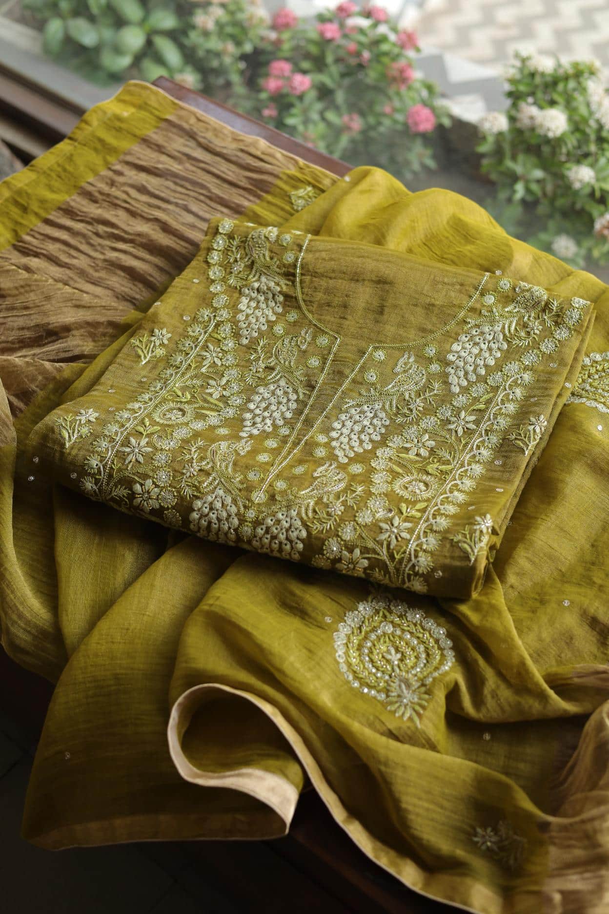 Mehndi Green Tissue Silk Chikankari Unstitched Fabric