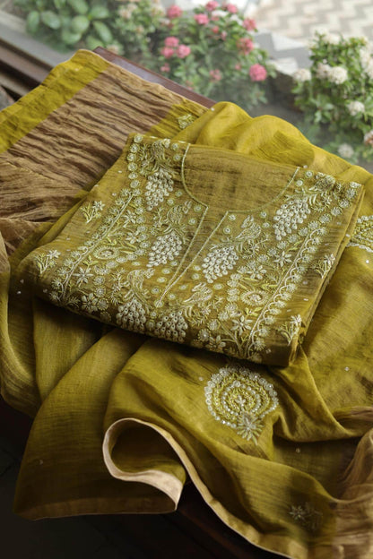 Mehndi Green Tissue Silk Chikankari Unstitched Fabric