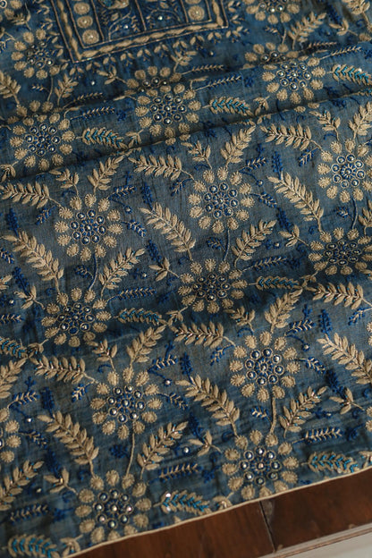 Blue Tissue Silk Chikankari Unstitched Fabric