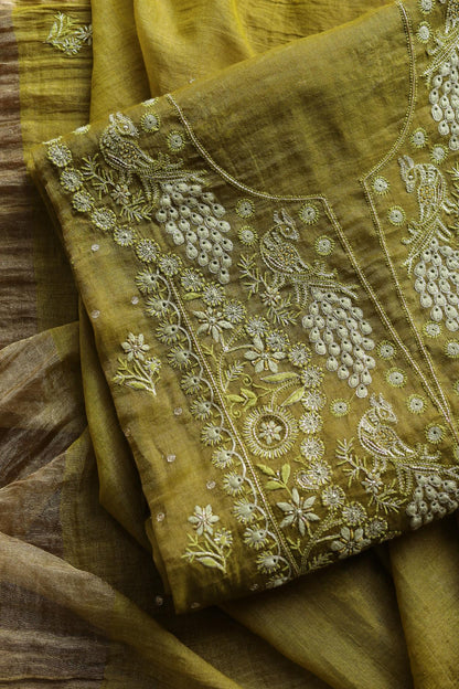 Mehndi Green Tissue Silk Chikankari Unstitched Fabric