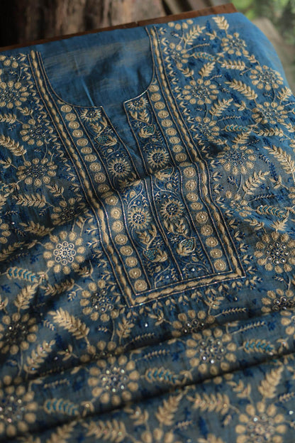 Blue Tissue Silk Chikankari Unstitched Fabric