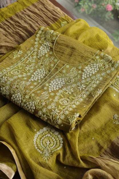 Mehndi Green Tissue Silk Chikankari Unstitched Fabric