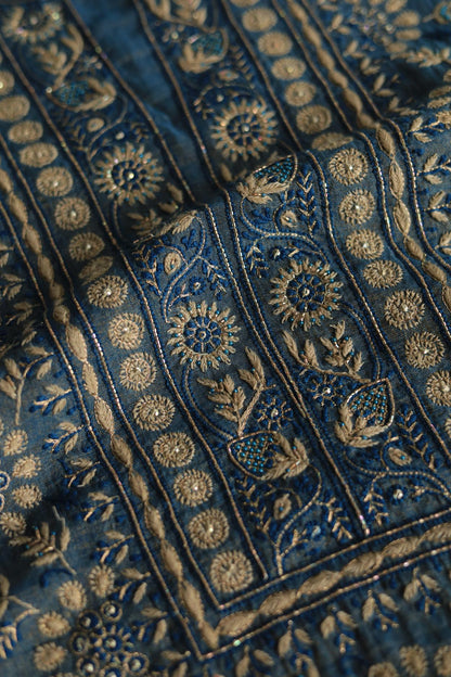Blue Tissue Silk Chikankari Unstitched Fabric