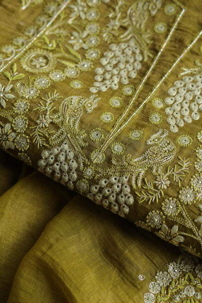 Mehndi Green Tissue Silk Chikankari Unstitched Fabric