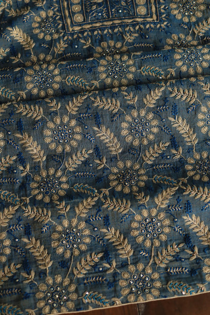Blue Tissue Silk Chikankari Unstitched Fabric