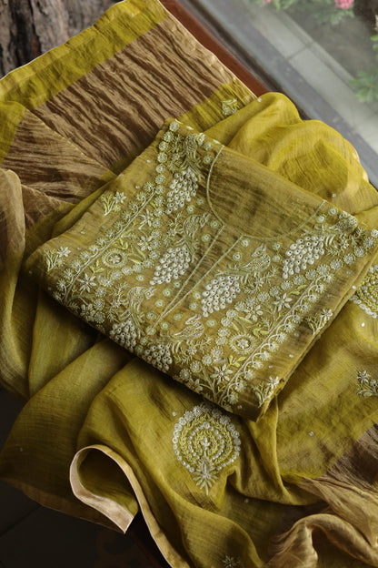 Mehndi Green Tissue Silk Chikankari Unstitched Fabric