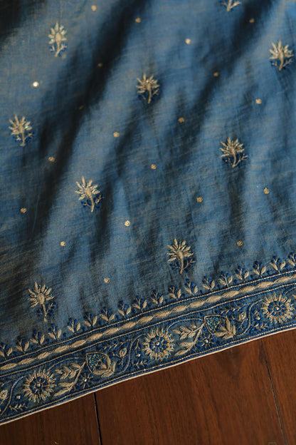 Blue Tissue Silk Chikankari Unstitched Fabric