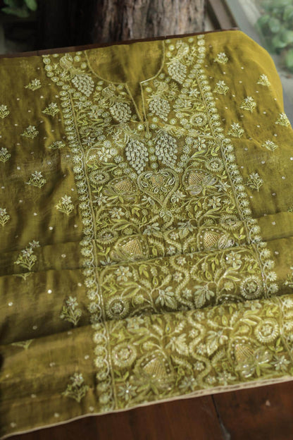 Mehndi Green Tissue Silk Chikankari Unstitched Fabric