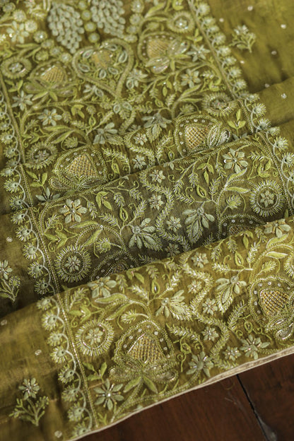 Mehndi Green Tissue Silk Chikankari Unstitched Fabric