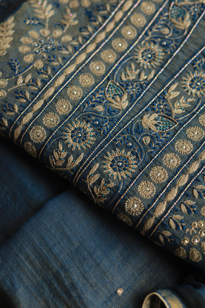Blue Tissue Silk Chikankari Unstitched Fabric