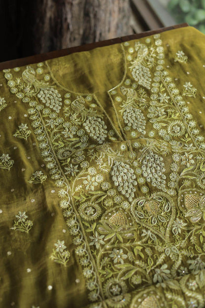 Mehndi Green Tissue Silk Chikankari Unstitched Fabric