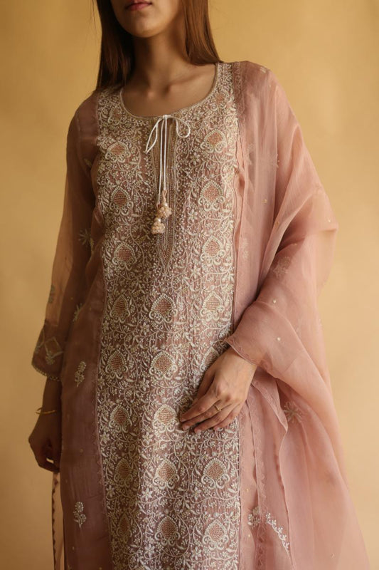 Rose Gold Noor Organza Silk Chikankari Straight Cut Kurta Dupatta Set