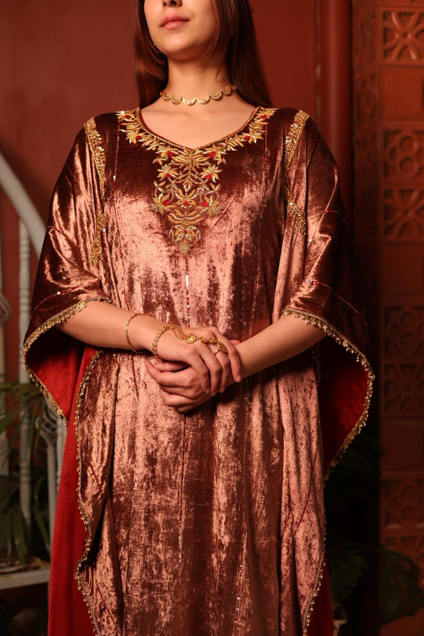 Rose Gold Shade Silk Velvet Zardozi Kaftans