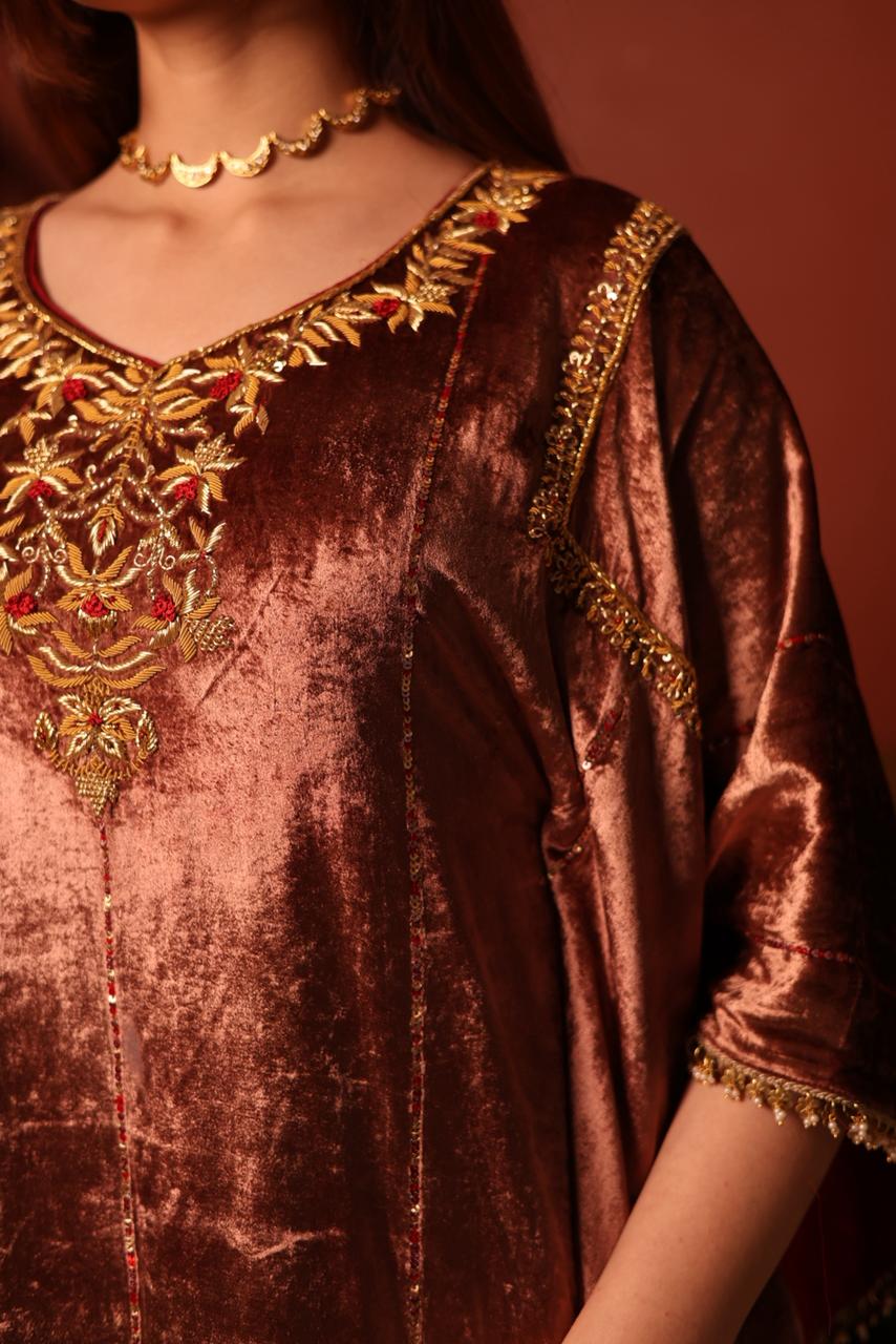 Rose Gold Shade Silk Velvet Zardozi Kaftans
