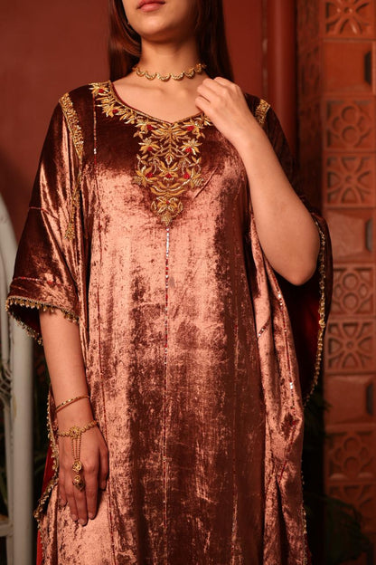 Rose Gold Shade Silk Velvet Zardozi Kaftans