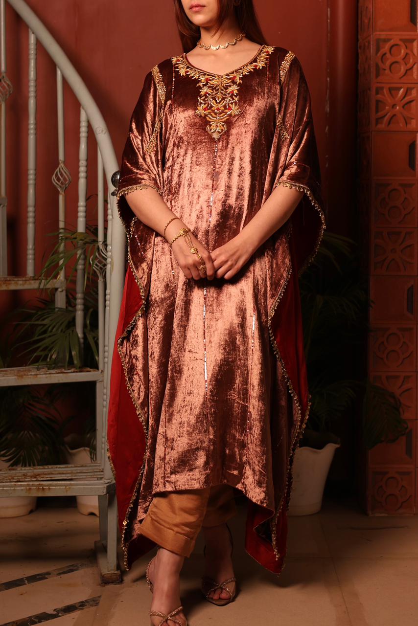 Rose Gold Shade Silk Velvet Zardozi Kaftans