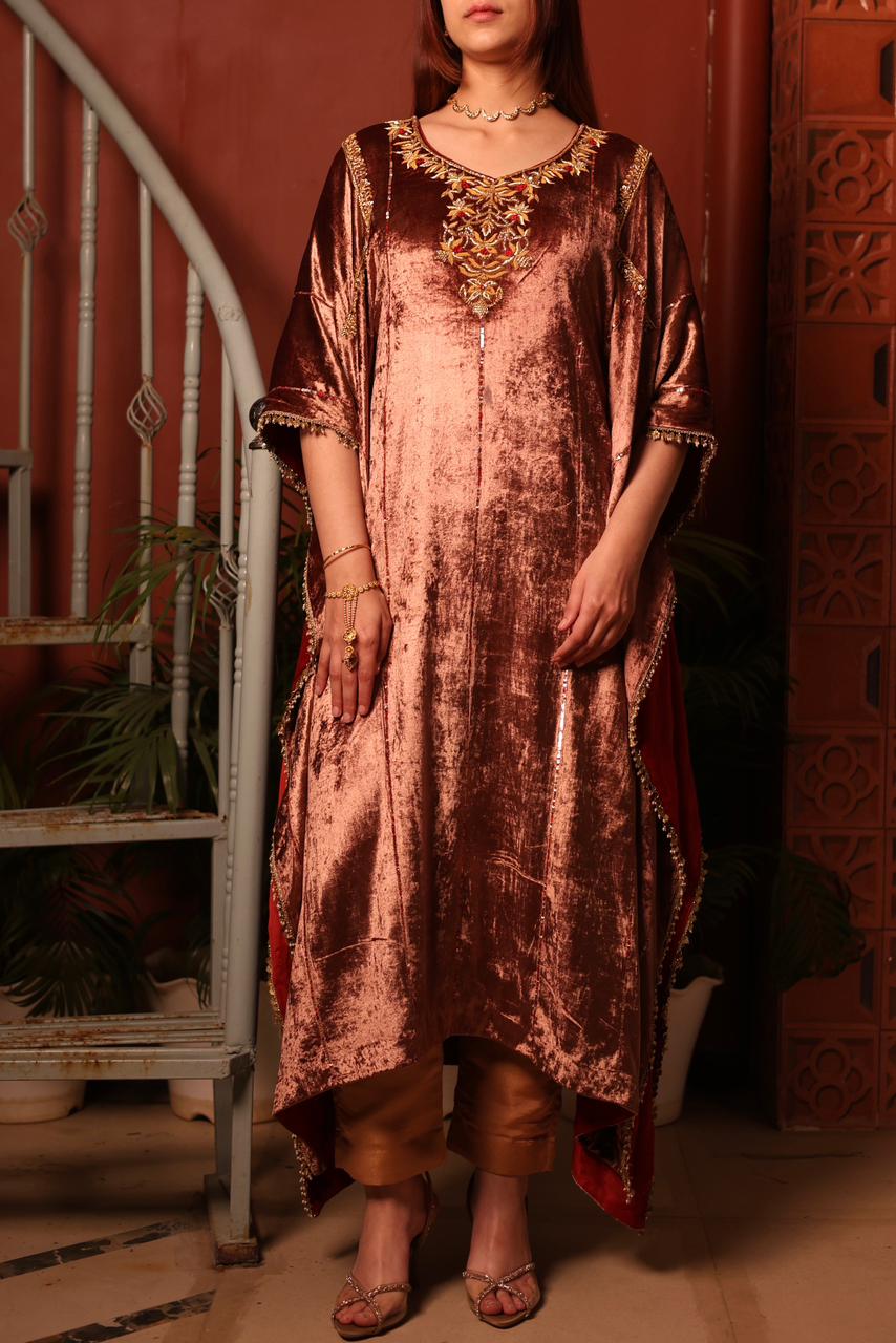 Rose Gold Shade Silk Velvet Zardozi Kaftans