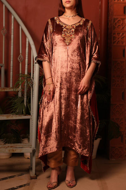 Rose Gold Shade Silk Velvet Zardozi Kaftans
