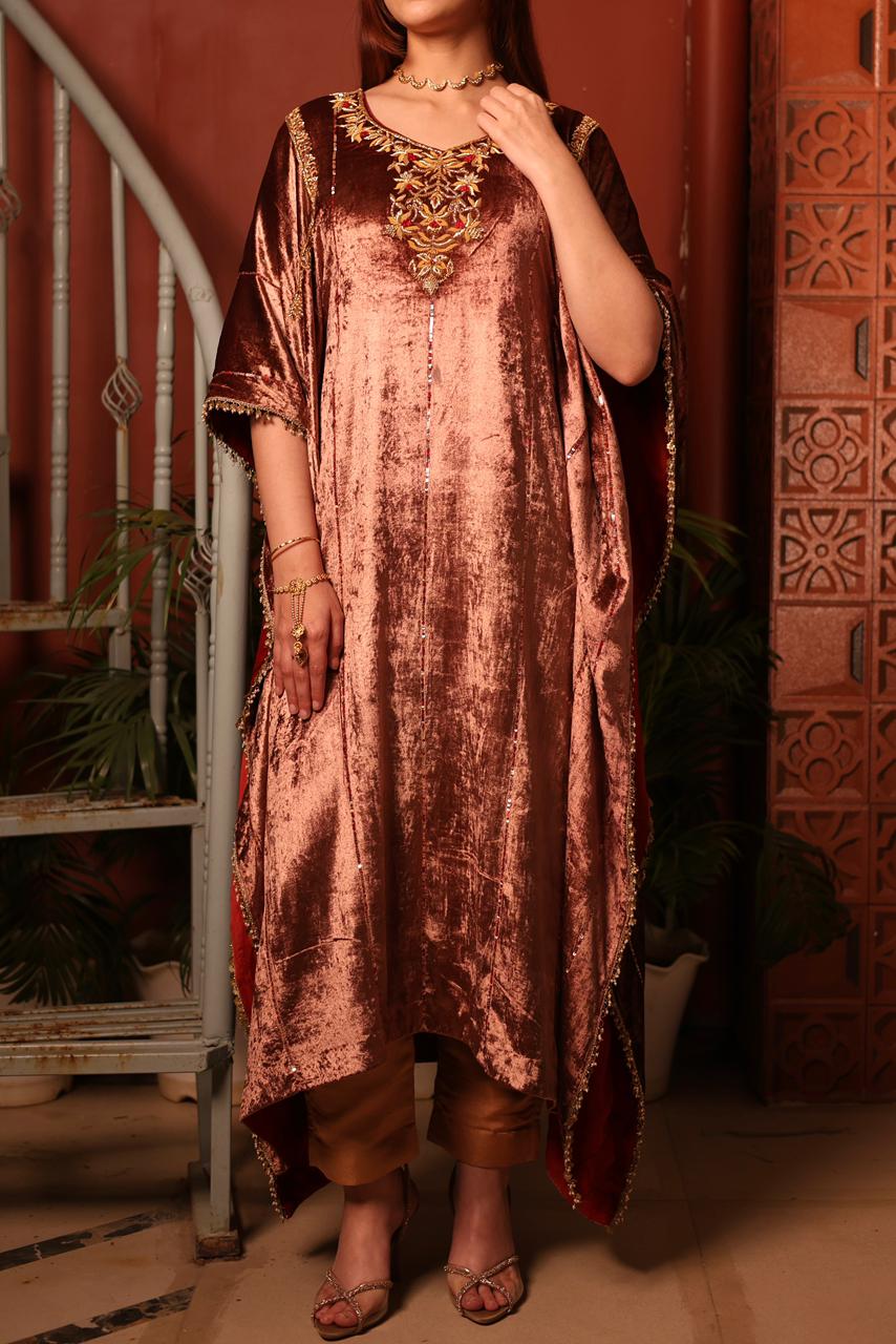 Rose Gold Shade Silk Velvet Zardozi Kaftans