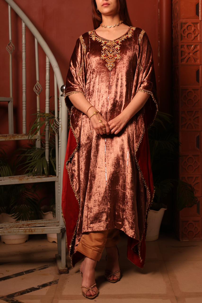 Rose Gold Shade Silk Velvet Zardozi Kaftans