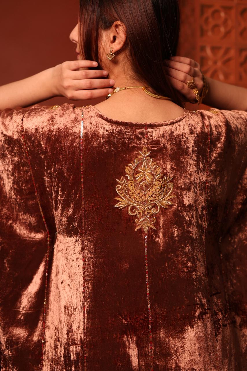 Rose Gold Shade Silk Velvet Zardozi Kaftans
