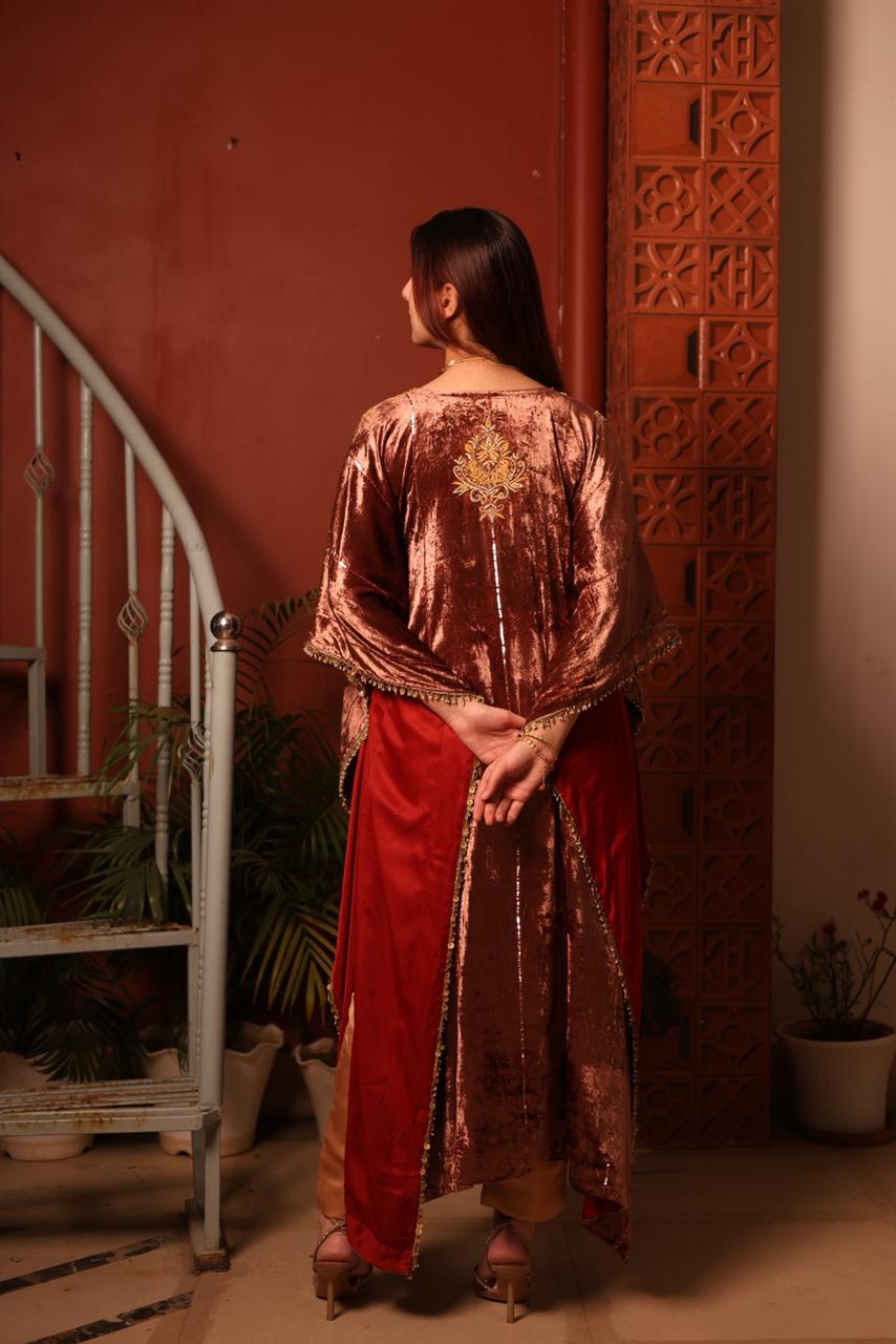 Rose Gold Shade Silk Velvet Zardozi Kaftans