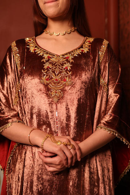 Rose Gold Shade Silk Velvet Zardozi Kaftans