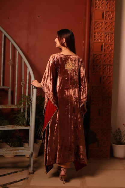 Rose Gold Shade Silk Velvet Zardozi Kaftans