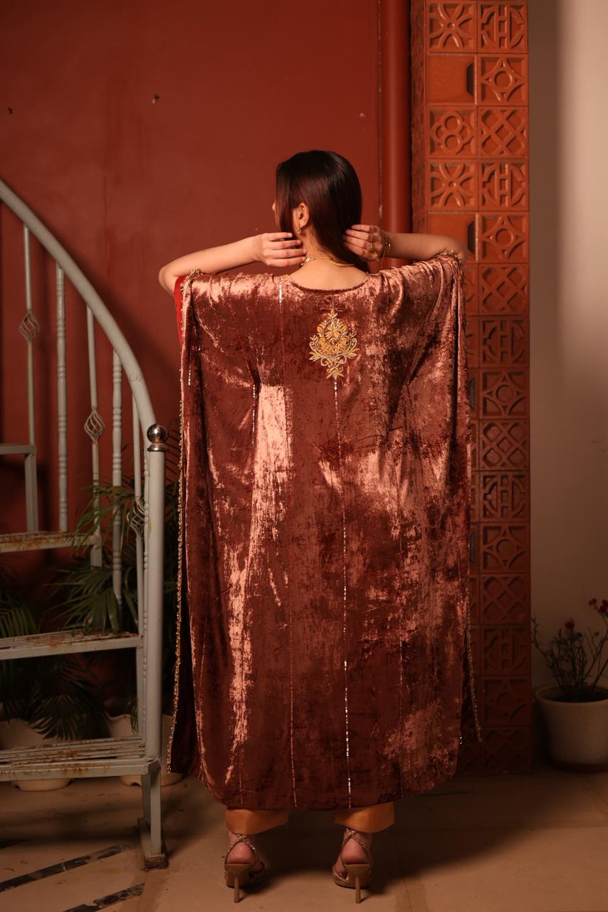 Rose Gold Shade Silk Velvet Zardozi Kaftans