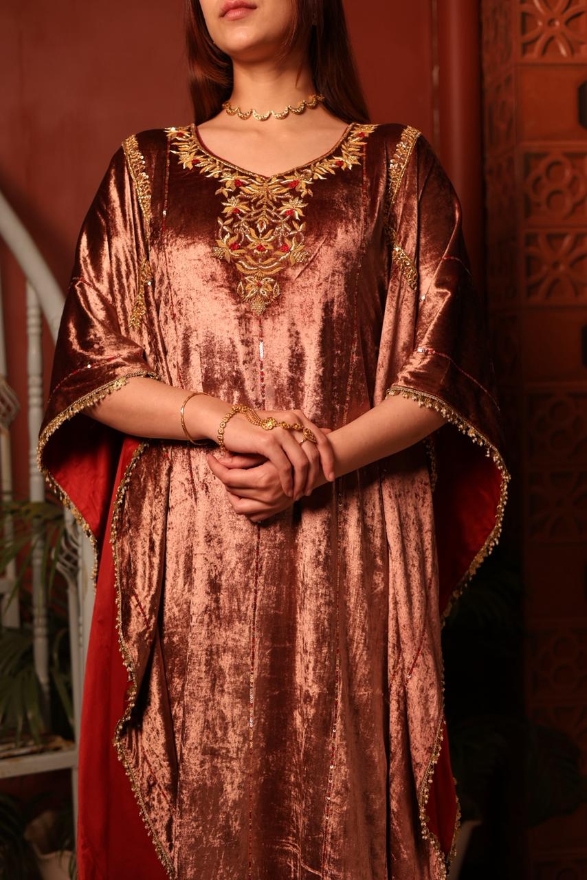 Rose Gold Shade Silk Velvet Zardozi Kaftans