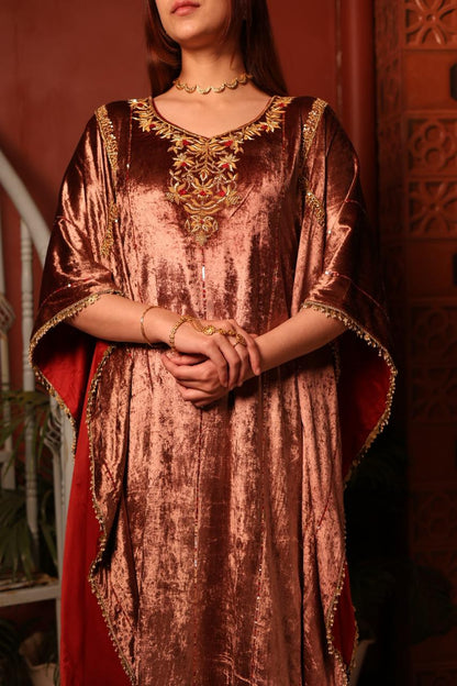 Rose Gold Shade Silk Velvet Zardozi Kaftans