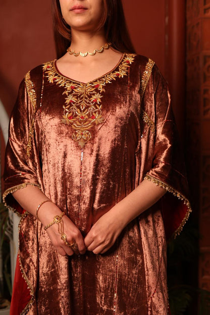 Rose Gold Shade Silk Velvet Zardozi Kaftans