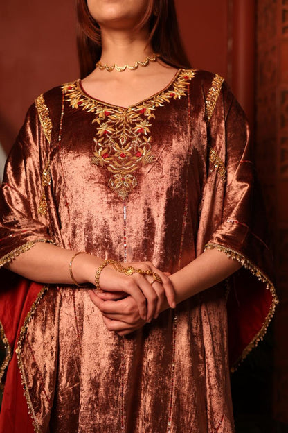 Rose Gold Shade Silk Velvet Zardozi Kaftans