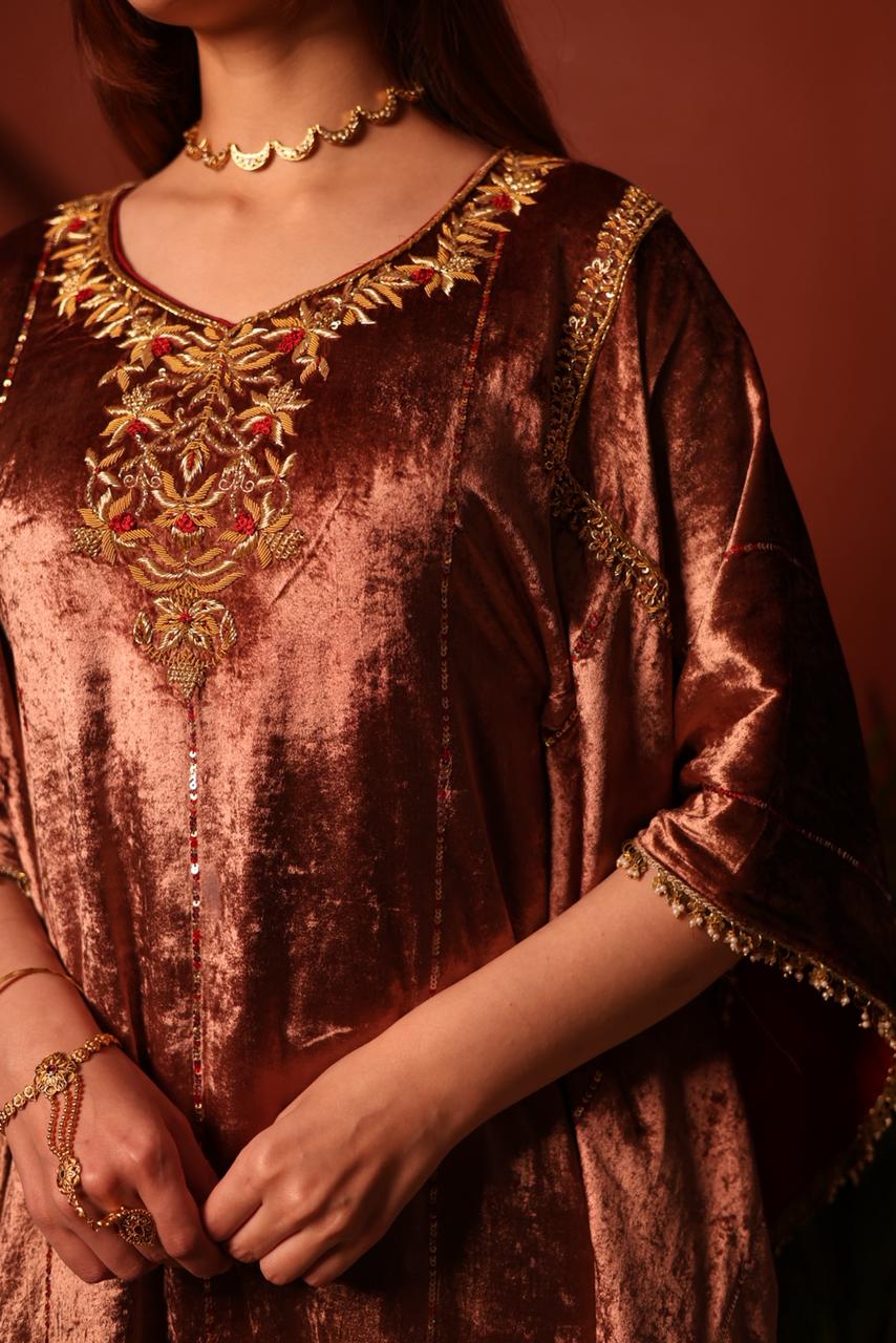 Rose Gold Shade Silk Velvet Zardozi Kaftans