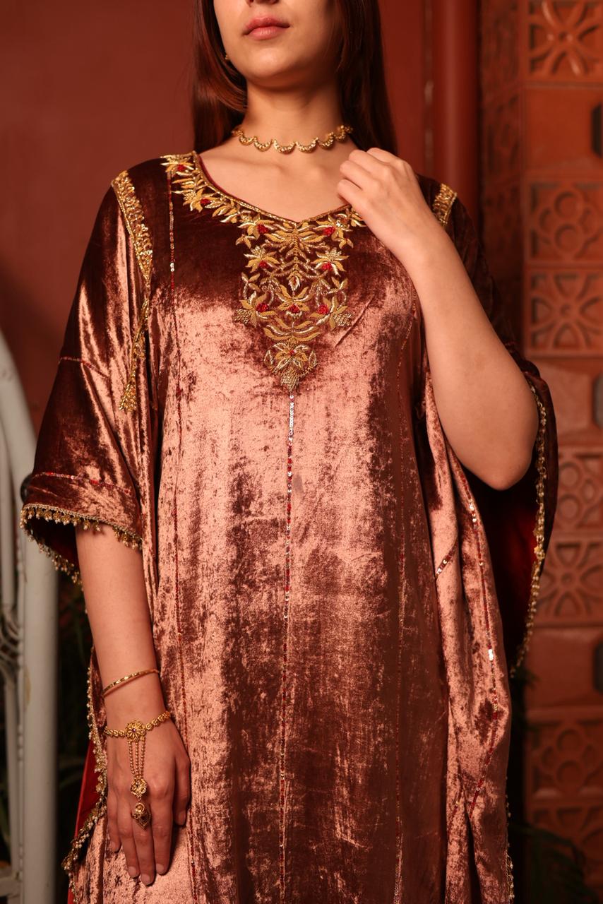 Rose Gold Shade Silk Velvet Zardozi Kaftans