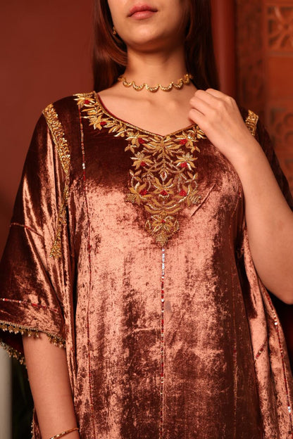 Rose Gold Shade Silk Velvet Zardozi Kaftans