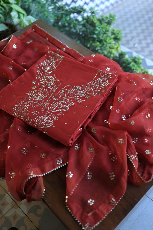 Rose Motif Red Chanderi Silk Mukaish Badla Unstitched Fabrics