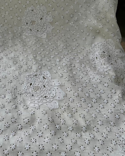 Rose Motifs Noor Organza White Chikankari Saree