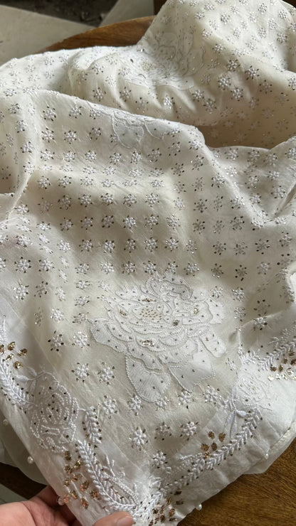 Rose Motifs Noor Organza White Chikankari Saree