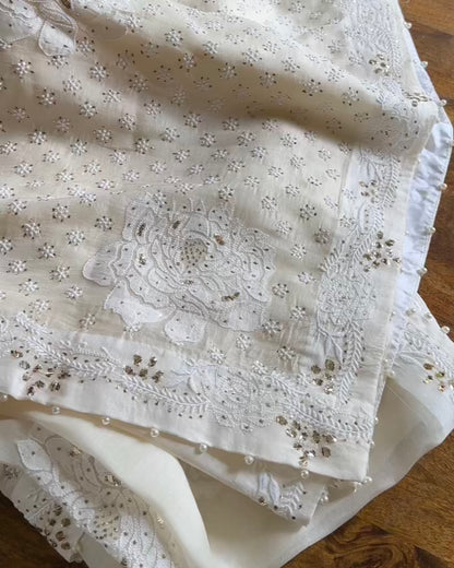 Rose Motifs Noor Organza White Chikankari Saree