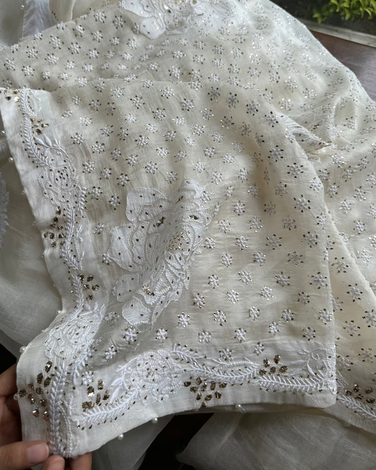 Rose Motifs Noor Organza White Chikankari Saree