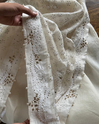 Rose Motifs Noor Organza White Chikankari Saree