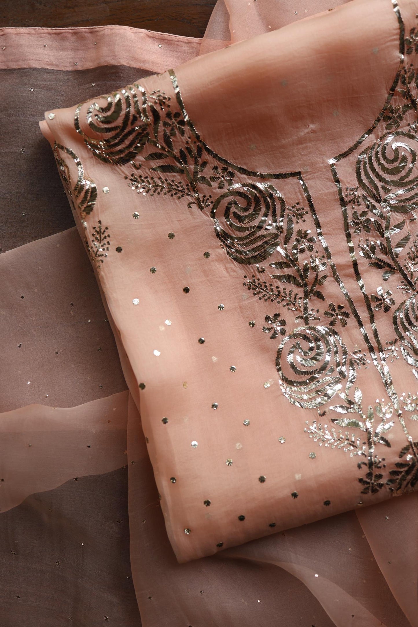 Rose Peach Shade Noor Organza Silk Chikankari Unstitched Kurta Dupatta Set