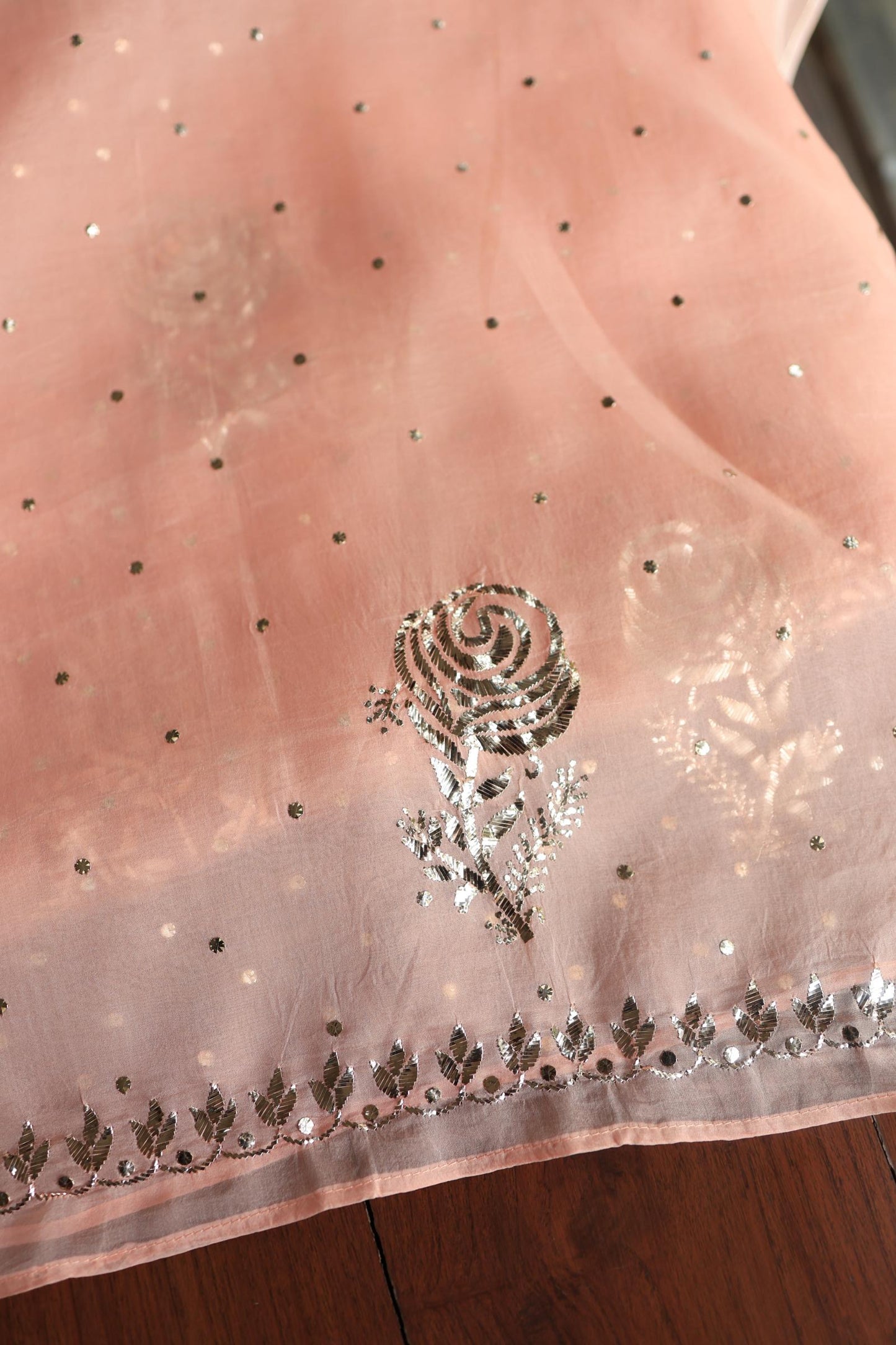 Rose Peach Shade Noor Organza Silk Chikankari Unstitched Kurta Dupatta Set